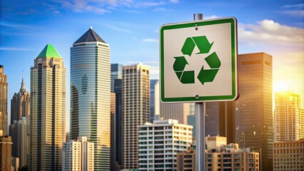 Poster - Recycling sign with cityscape background for environmental conservation, Recycling, ecology, city, skyline, buildings