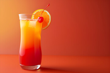 A tequila sunrise with a gradient of orange and red, garnished with an orange slice and cherry