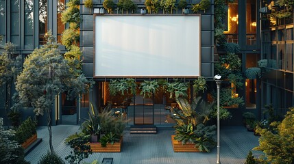 Poster - Empty white signboard at the entrance of a hotel, framed by the buildingâ€™s stylish architecture