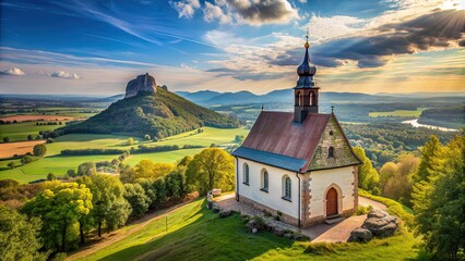 Canvas Print - Marienkapelle, Rh?ndorf with Drachenfels in background, Marienkapelle, Rh?ndorf, Bad Honnef, Germany, Drachenfels