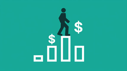 Poster - Businessman walking up increasing bar graph with dollar sign