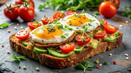 Poster - Mouthwatering brunch dish with avocado, tomato, eggs, herbs on toast for a wholesome meal , Avocado, tomato, toast, eggs, herbs