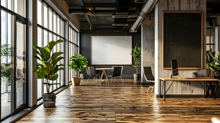 Contemporary coworking interior with banner