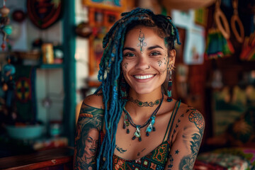 Smiling Woman with Tattoos and Blue Dreadlocks in a Colorful Bohemian Setting