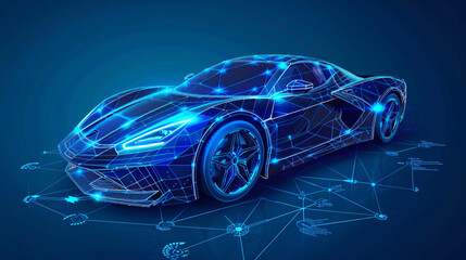 Wall Mural - Futuristic 3d rendered x-ray blue transparent sports car wireframe	
