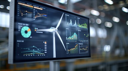Poster - High-tech wind turbine energy management system displaying real-time data analytics, statistics, and graphical information