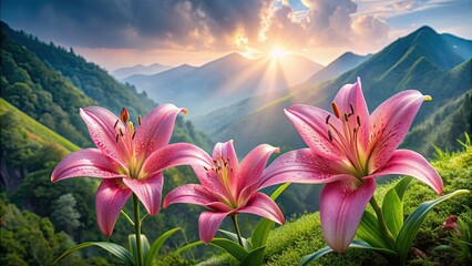 Poster - Hyper-realistic image of three pink lilies with dew drops on a mountain slope, pink, lilies, flowers, dew drops, hyper-realistic