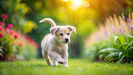 Canvas Print - Playful puppy chasing its tail in the garden, puppy, dog, playful, tail, chase, pet, animal, garden, outdoor, fluffy, cute