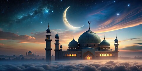 Sticker - Mystical night sky with crescent moon over silhouette of intricate mosque , mystical, night sky, crescent moon