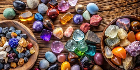 Poster - Variety of stones and crystals for crystal therapy and holistic practices, crystals, stones, healing, energy