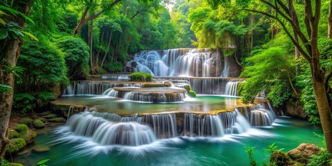 Canvas Print - Scenic view of Huay Mae Kamin waterfall in the lush green forest, waterfall, Huay Mae Kamin, nature, Thailand, cascade, rocks