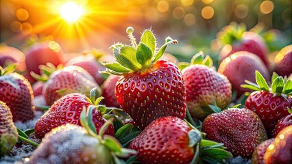 Morning sunlight illuminates ripe strawberries covered in glistening dew, strawberries, ripe, glisten, morning, dew, sunlight, red