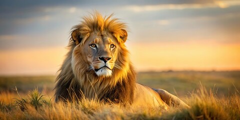 Wall Mural - majestic lion resting in the savannah, lion, wildlife, safari, predator, majestic, powerful, african