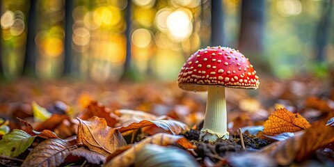 Sticker - Red-capped mushroom standing out among fallen leaves in a forest , nature, autumn, woodland, foliage, seasonal, fungus