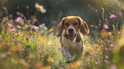 Poster - A beagle running through a field of wildflowers, nose to the ground in search of hidden treasures.