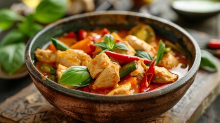 Wall Mural - A bowl of spicy Thai jungle curry (Kaeng Pa) with mixed vegetables and chicken, served in a rustic bowl.