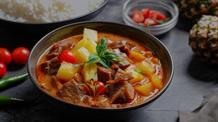 Poster - A bowl of spicy Thai red curry with tender slices of duck, pineapple, and cherry tomatoes.