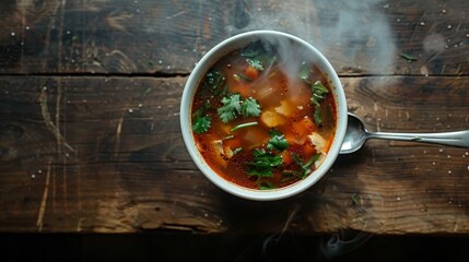 Wall Mural - A bowl of Tom Yum Goong soup on a rustic wooden table, with a spoon resting on the edge and steam rising.