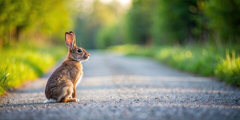 Poster - Rabbit sitting on the side of a road , Rabbit, bunny, road, highway, nature, wildlife, adorable, cute, fluffy