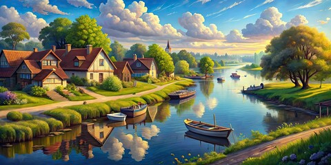 Poster - Realistic painting of a beautiful rural landscape with rivers, houses, and small boats under a sunny atmosphere , nature, art