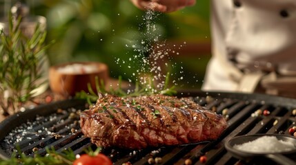 Canvas Print - A chef seasoning a steak with salt and pepper before grilling, with herbs and spices nearby.