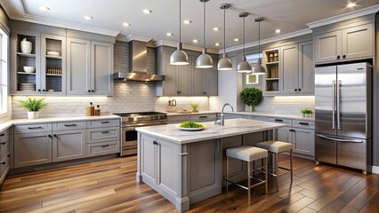 Poster - Modern kitchen with light gray cabinets, stainless steel appliances, and marble countertops, modern, kitchen