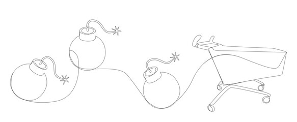 Poster - One continuous line of Shopping Cart with bomb. Thin Line Illustration vector concept. Contour Drawing Creative ideas.
