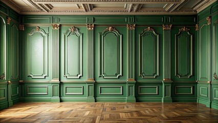 Wall Mural - Luxurious empty interior with elegant green walls and intricate wall molding panels, luxury, classic, elegant, green, interior