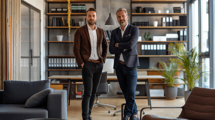 Wall Mural - businessmen standing in modern office looking at camera, business partners meeting for a business deal 