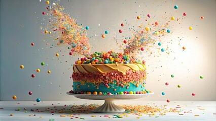 Wall Mural - Multicolored cake explosion on light background, celebration, party, colorful, festive, explosion, dessert, vibrant, fun