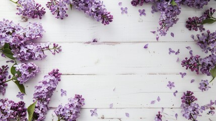 Sticker - Lilac flowers on white wooden background in spring Top view with empty space