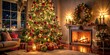 © Sujid - Richly decorated Christmas tree with ornaments and twinkling lights in cozy living room setting, Christmas, tree, decor