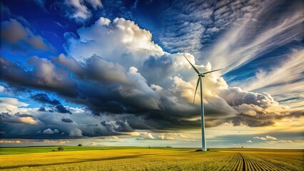 Wall Mural - Solitary wind turbine standing tall in serene field under vast cloud-streaked sky, renewable energy