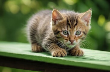 Poster - Curious tiny tabby kitten on green wooden plank