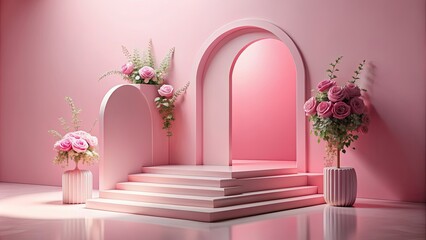 Wall Mural - Pink stage with stairs and rose arch, perfect for showcasing cosmetics products , cosmetic, promotional, design, stage, pink