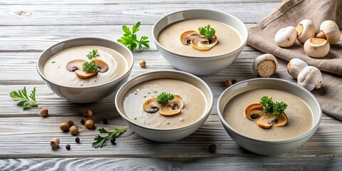 Poster - Three bowls of mushroom soup on a background, mushroom soup, bowls, three, isolated,background, vegetarian, comfort food