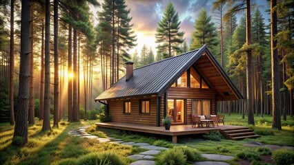 Sticker - Wooden house nestled in a tranquil forest setting, forest, woods, cabin, cozy, rustic, isolated, nature, peaceful