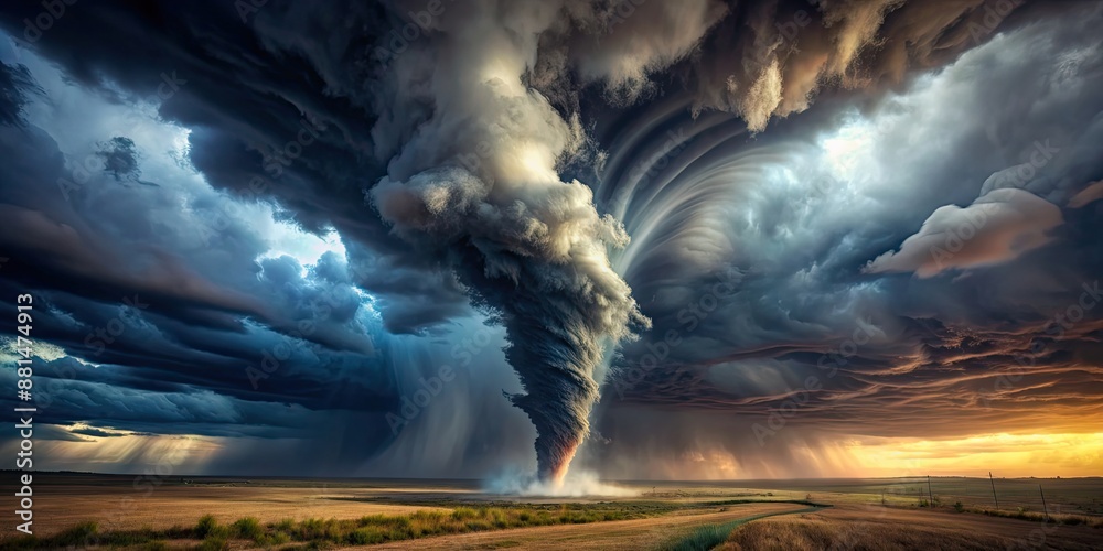 of a powerful tornado swirling with dark clouds and debris , storm ...