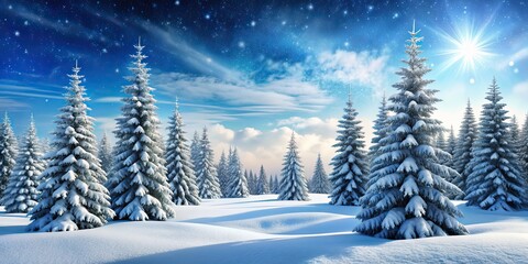 Wall Mural - Snowy winter wonderland with pine trees scattered around, Snow, winter, cold, scene, forest, trees, nature, landscape, snowfall