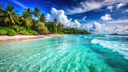 Sticker - Tropical beach with crystal-clear turquoise ocean waves lapping against the shore , Ocean, waves, tropical, beach, turquoise