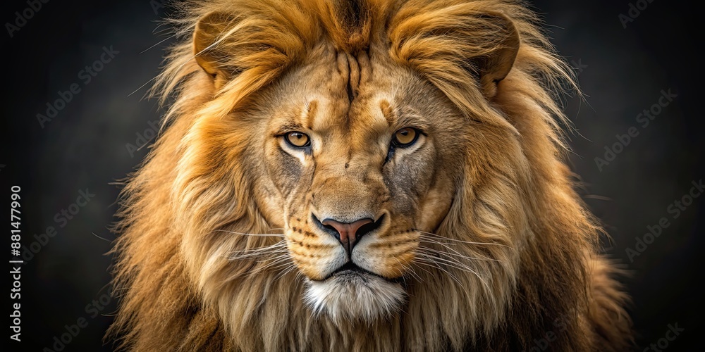 Lion with pure golden fur and angry face staring with a massive look ...