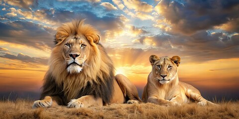 Sticker - Majestic lion and lioness resting in the African savannah, African, wild, animals, nature, predator, carnivore, safari, wildlife