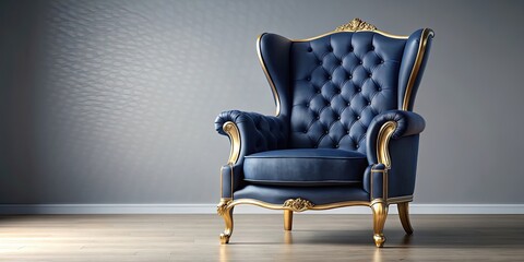 Regal navy blue wingback chair with gold accents embodying luxury and sophistication, regal, navy blue