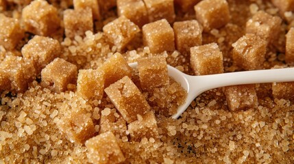 Overhead view of raw brown sugar lumps and white spoon on bed of turbinado sugar