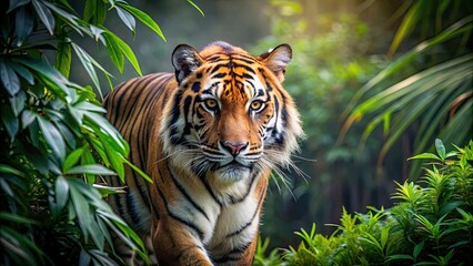 Wall Mural - majestic tiger prowling in dense undergrowth, tiger, wild, majestic, predator, roam, jungle, fierce,
