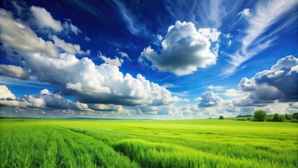 Poster - Lush green field under blue sky with white clouds, green field, grass, nature, outdoor, agriculture, landscape, summer