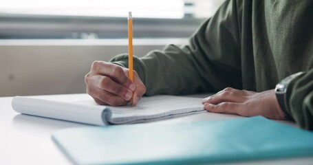 Poster - Education, hands and writing with student at desk in classroom of school for assessment, exam or test. Development, learning and study with person in class for knowledge, notes or scholarship