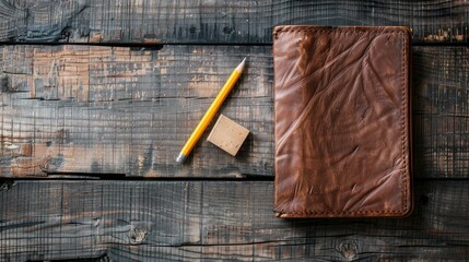 Sticker - Mockup of a diary pencil and eraser on a wooden background for design placement