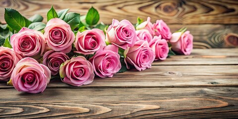 Poster - Pink roses beautifully arranged on a wooden table , flowers, floral arrangement, petals, romantic, elegant, delicate, bouquet