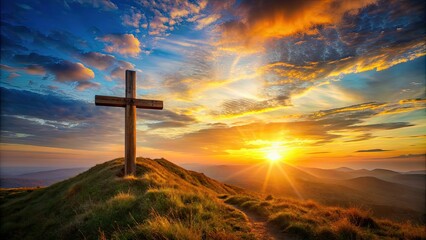 Sticker - Wooden cross on hill at sunset, religion, Christianity, faith, belief, spiritual, hilltop, outdoors, landscape, serene, peaceful